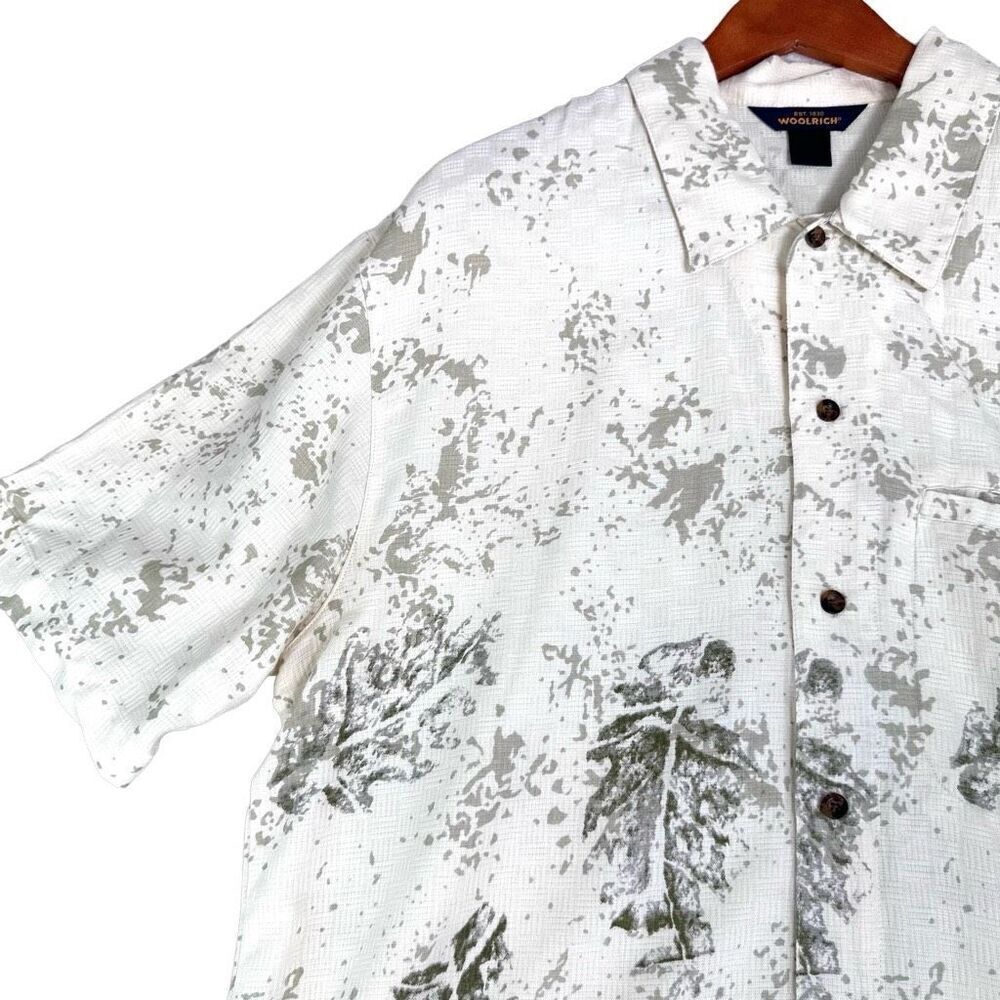 WOOLRICH Shirt Mens XXL‎ White Gray Leaf Splatter Dye S/S Hawaiian Button Up